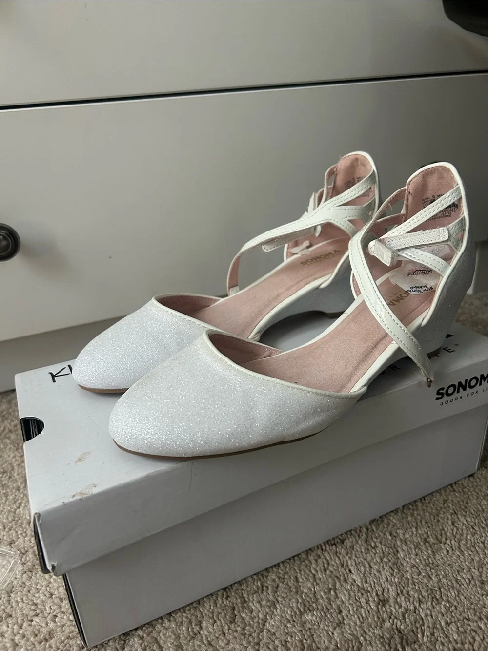 Sonoma Glitter White Strappy Low Heel Pumps